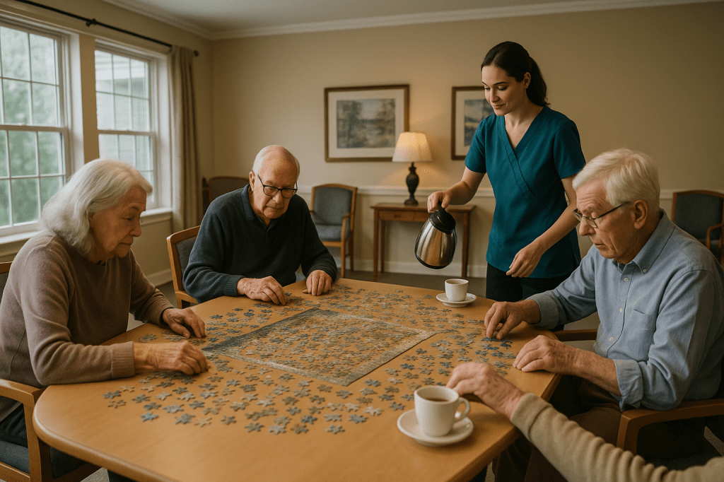 Elderly residents enjoy a relaxing afternoon assembling a jigsaw puzzle at a nursing home, with a caregiver nearby pouring tea. The spacious, well-lit room creates a warm, welcoming atmosphere that reflects compassionate senior care