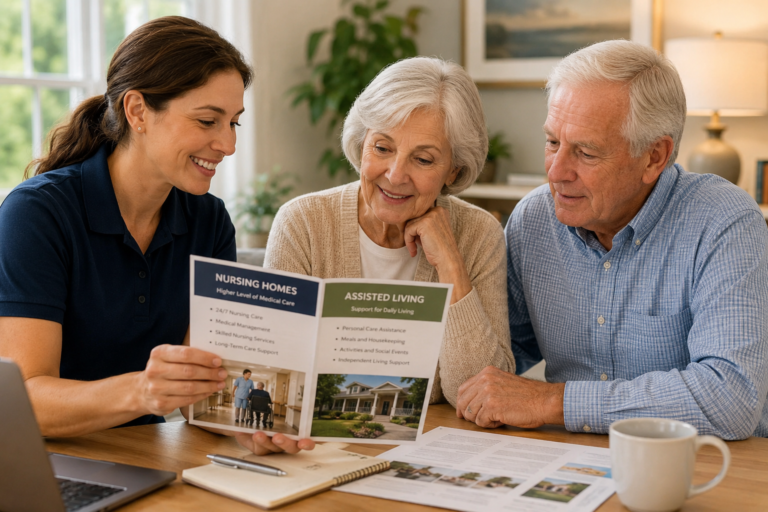 Senior adult and caregiver comparing nursing home and assisted living options