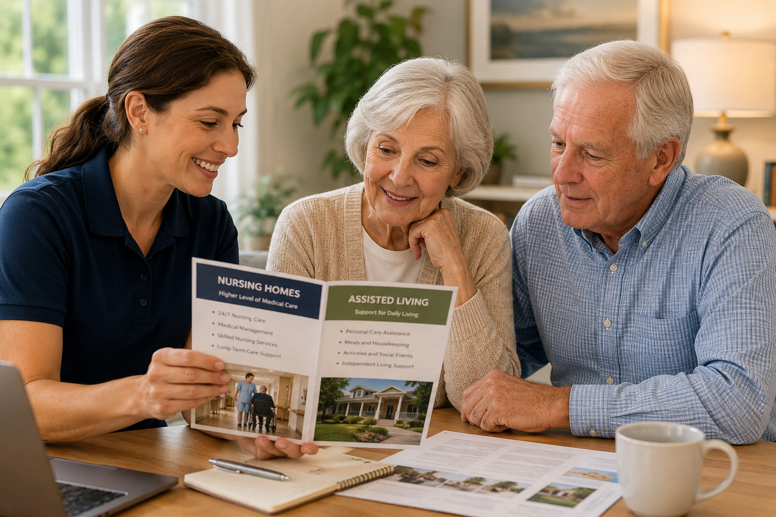 Senior adult and caregiver comparing nursing home and assisted living options