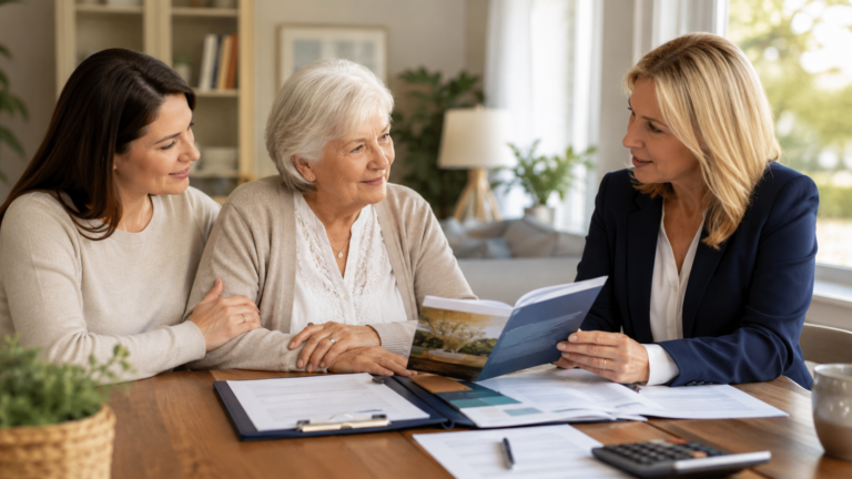Family reviewing private pay nursing home care options