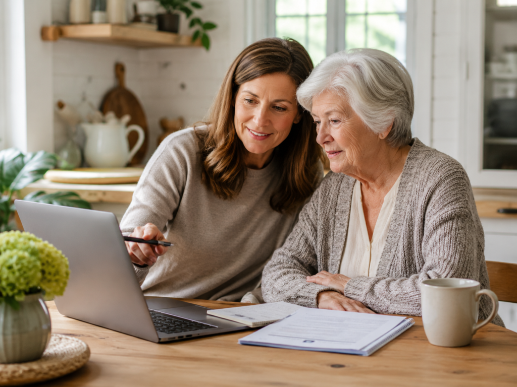 Adult daughter and older mother reviewing senior care options together at a kitchen table.