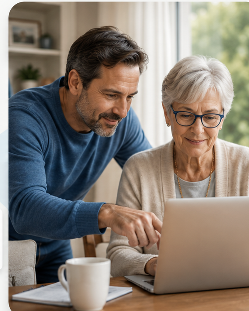 Adult son helping his older mother review senior care options on a laptop