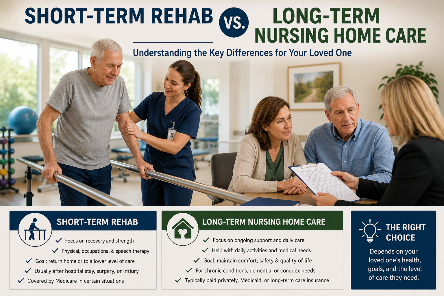 Older adult comparing short-term rehab and long-term nursing home care