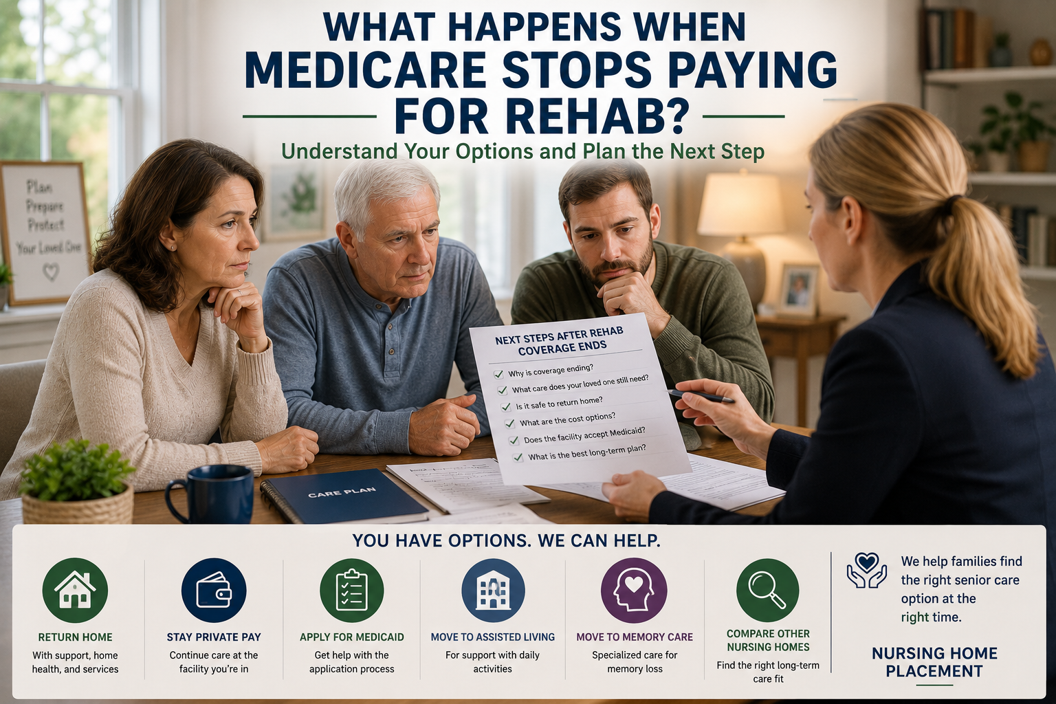 Family reviewing options after Medicare stops paying for rehab
