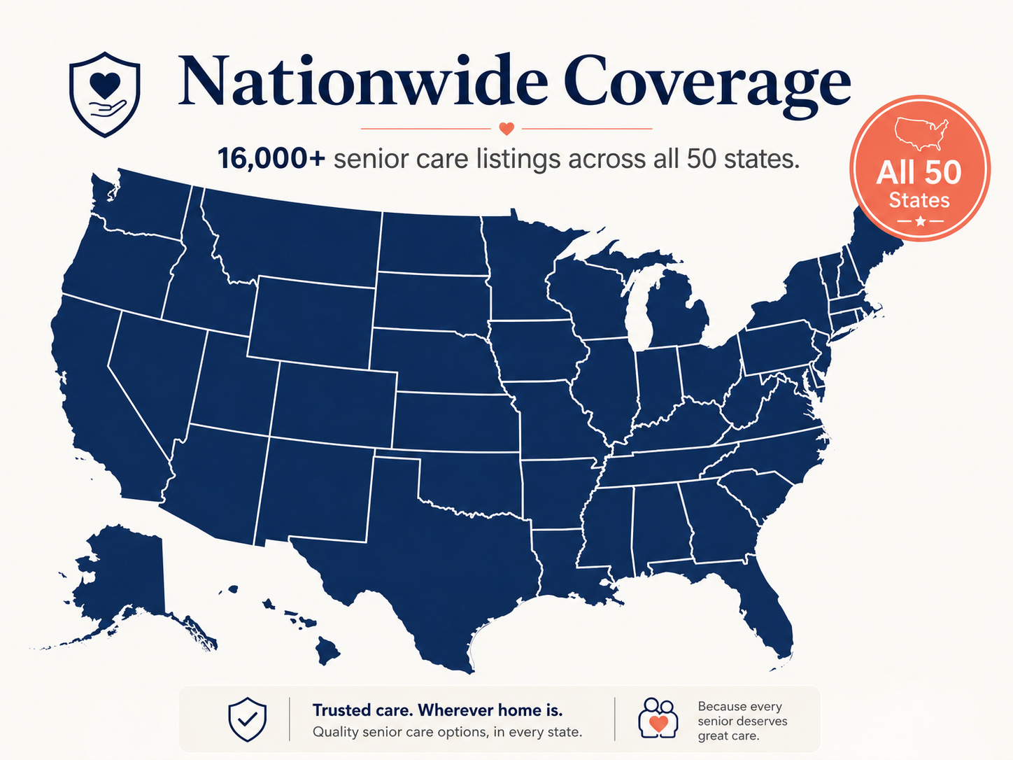 Map of the United States showing nationwide senior care directory coverage