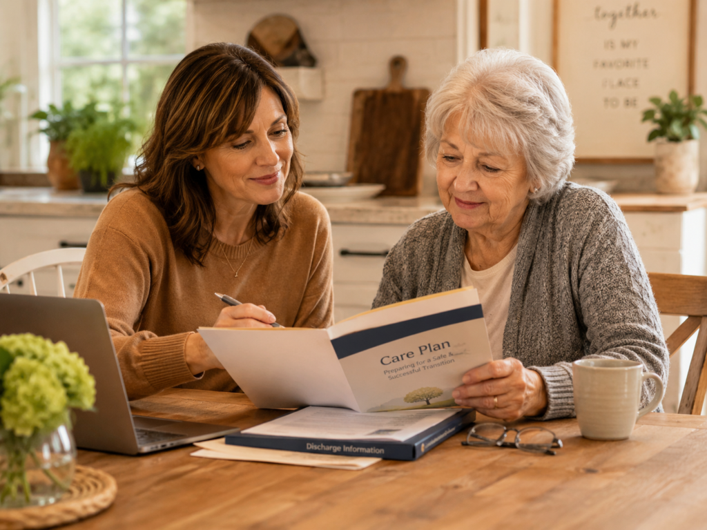 Adult daughter reviewing a discharge care plan with her older mother at home