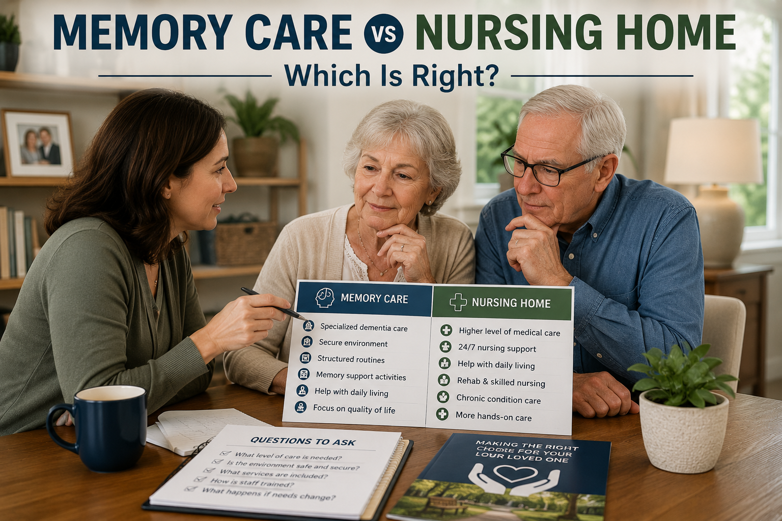 Family comparing memory care and nursing home options