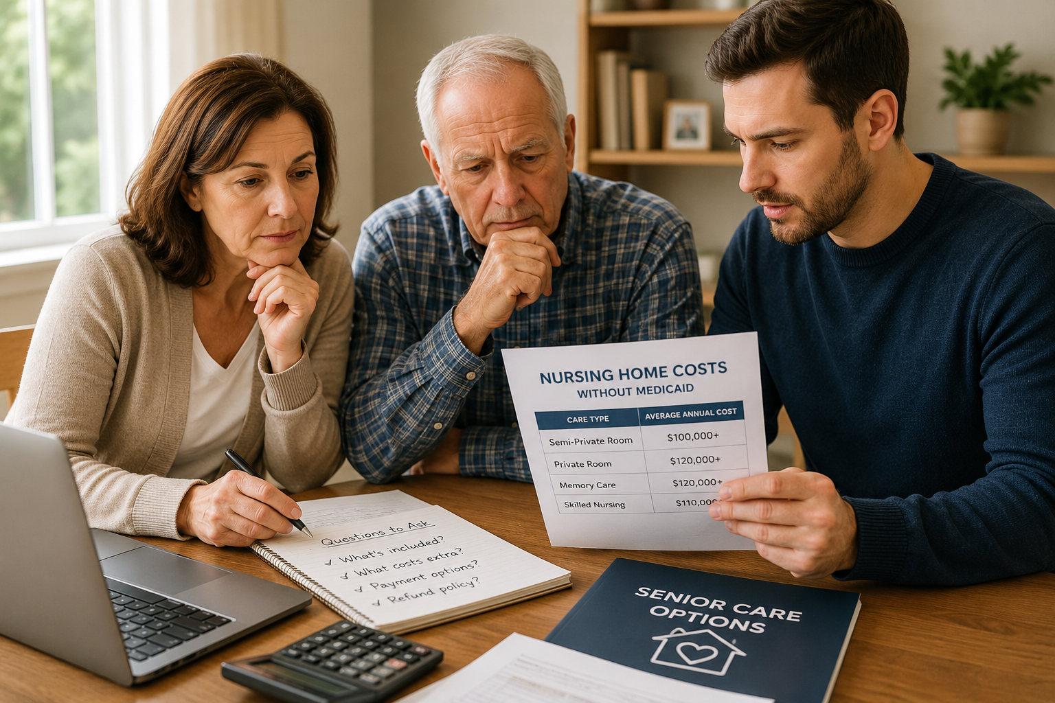Family reviewing nursing home costs without Medicaid