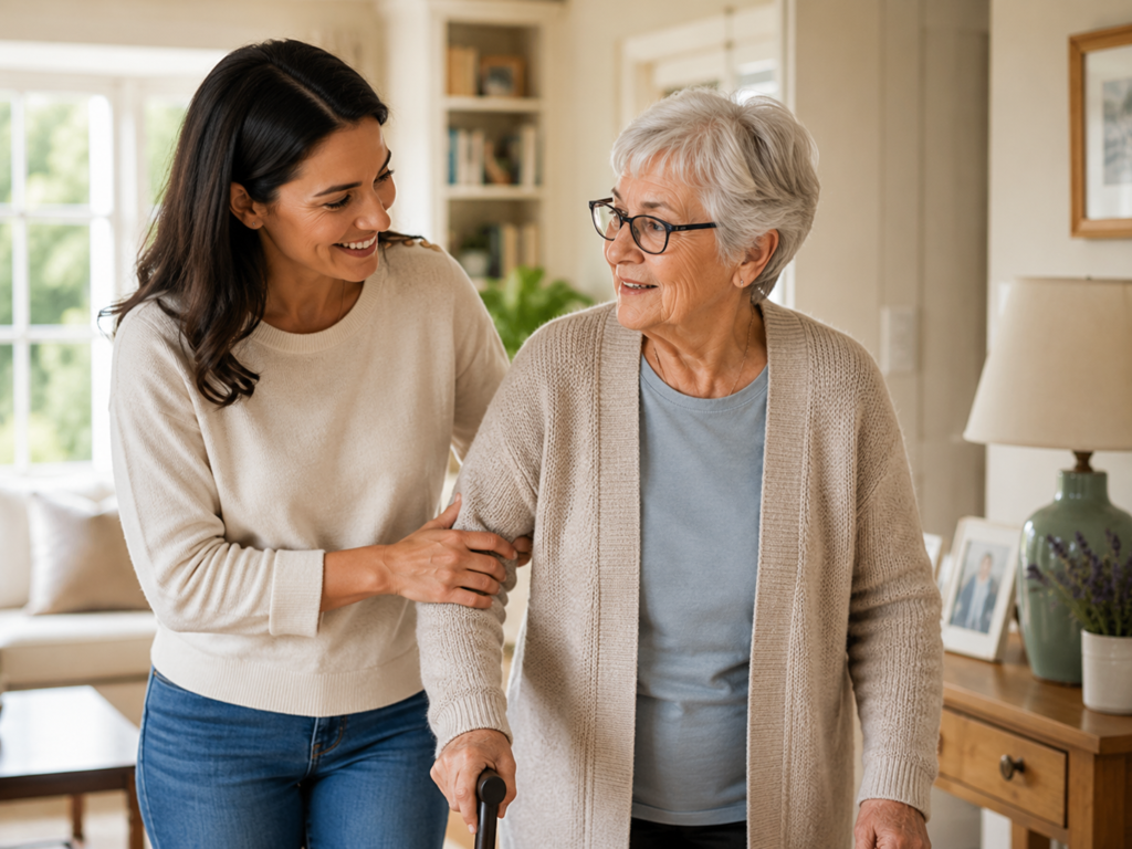 Older woman walking with a supportive family member