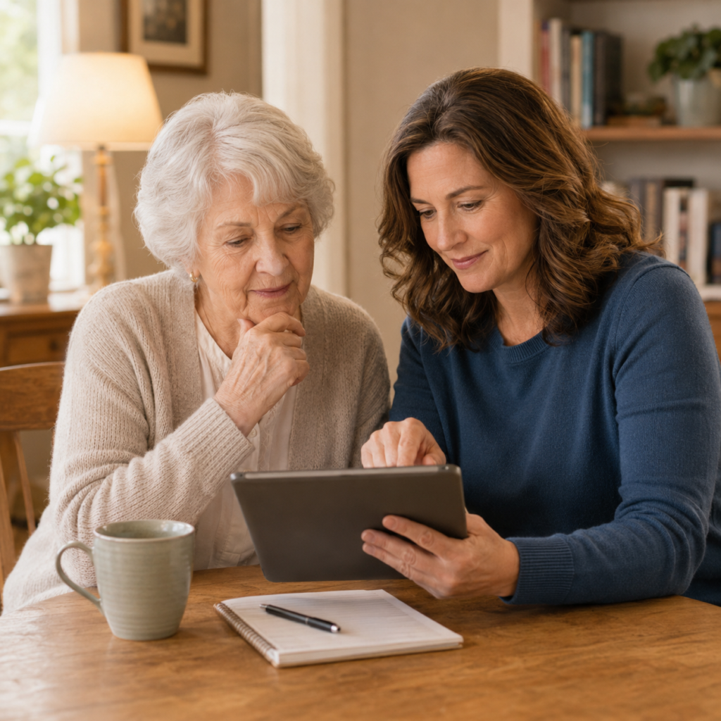 Family caregiver and older woman reviewing options together at home