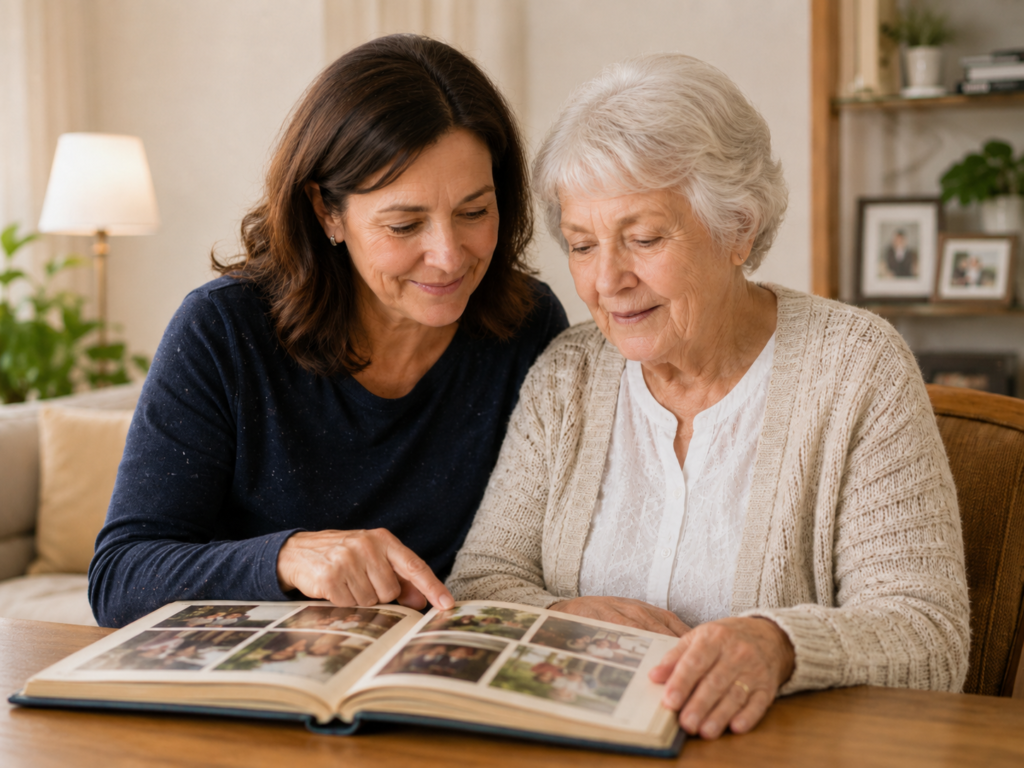 Adult daughter and older mother sitting together in a cozy living room, looking through a photo album and sharing a quiet memory together.