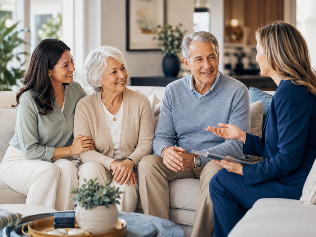 Older couple with a family member discussing senior care options with an advisor.