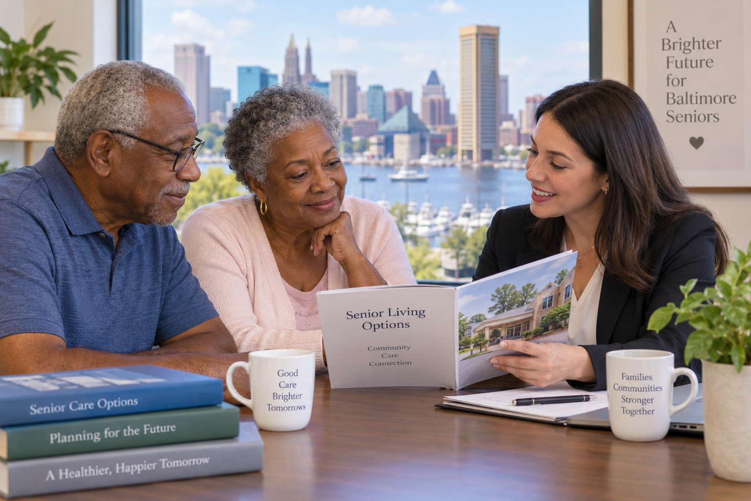 Older couple reviewing assisted living options with an advisor in Baltimore