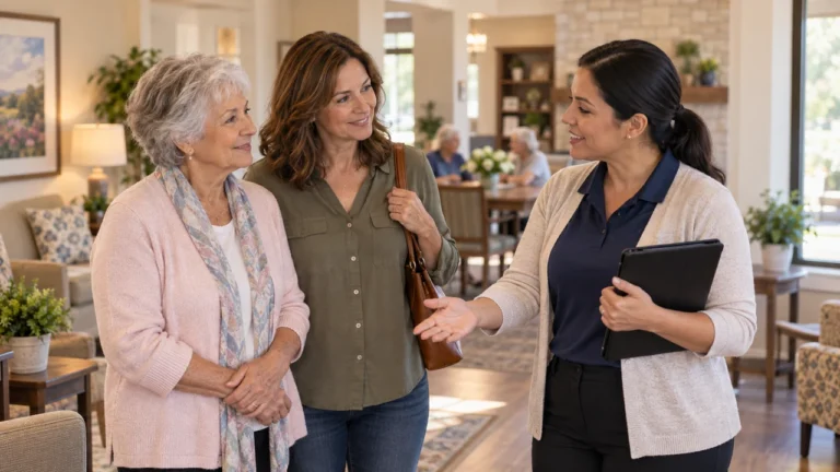 Older woman and her daughter touring a senior living lounge with a staff member