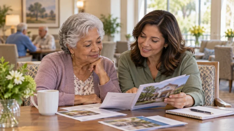 Older woman and her daughter comparing care brochures at a table in a bright lounge