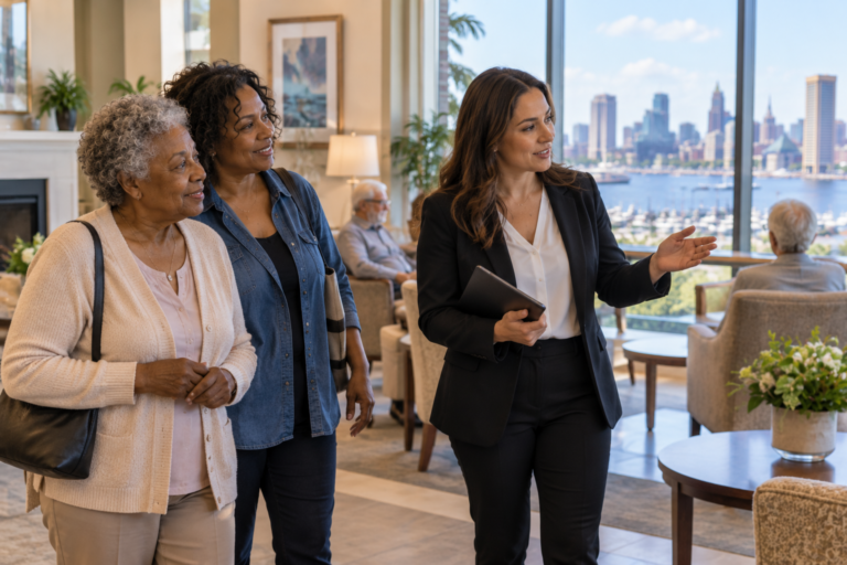 Older adult and family member touring an assisted living community with a staff member