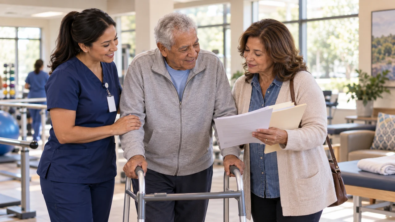 Older man using a walker with a nurse and family member reviewing paperwork in a rehabilitation room