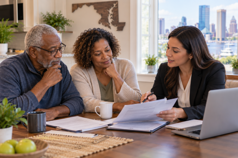 Older adults reviewing Maryland assisted living payment documents with an advisor
