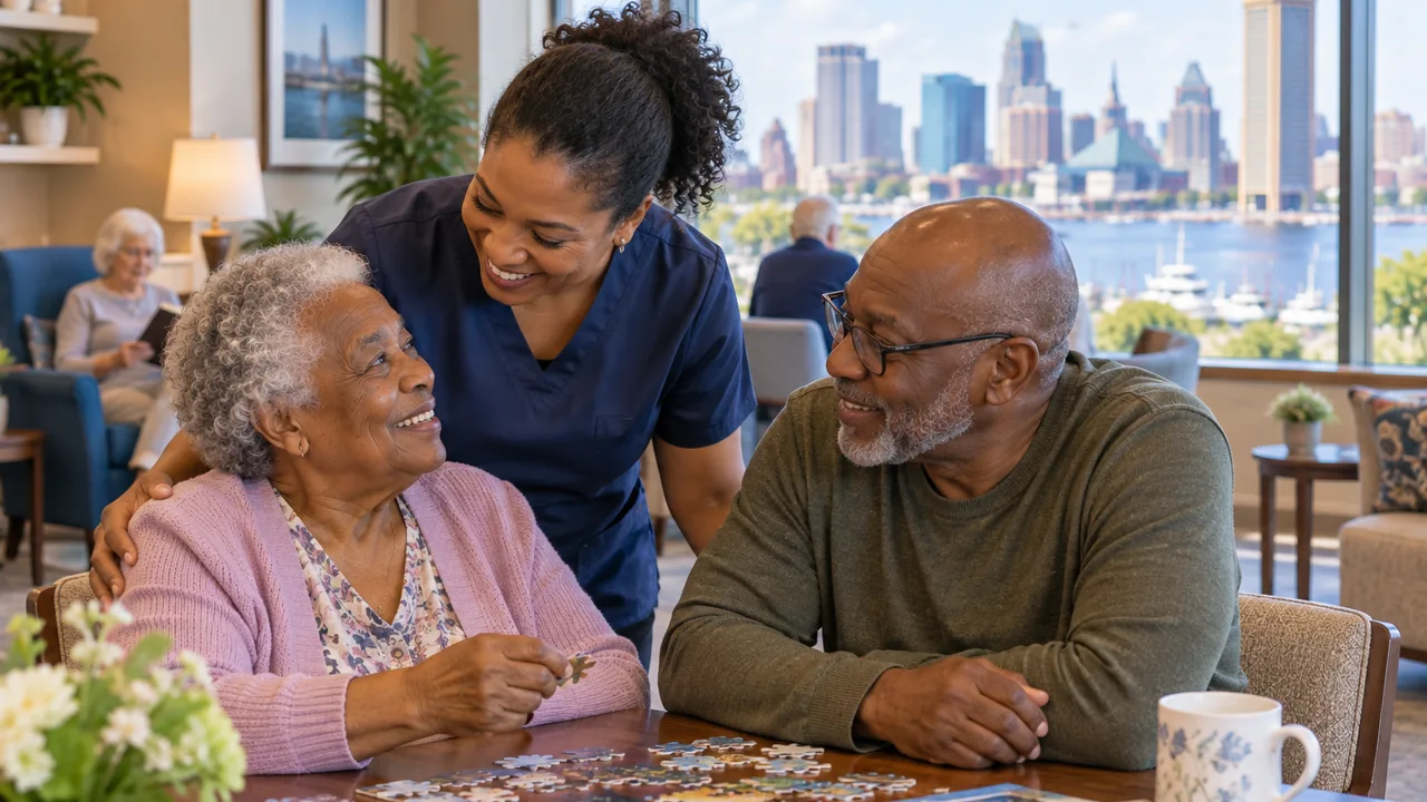 Older adult in a Baltimore memory care setting with a supportive caregiver