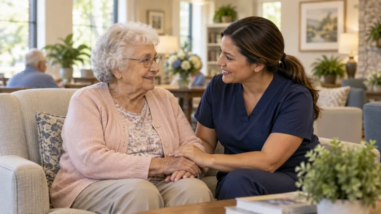 Older woman and caregiver sitting together and holding hands in a sunlit lounge