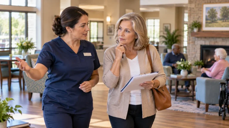 Woman holding a clipboard and asking a staff member questions during a senior-care community tour