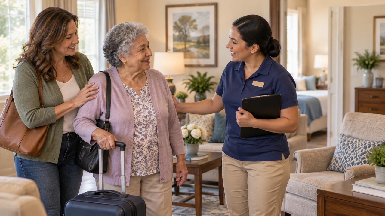 Older woman arriving with a small suitcase and her daughter as a staff member welcomes them