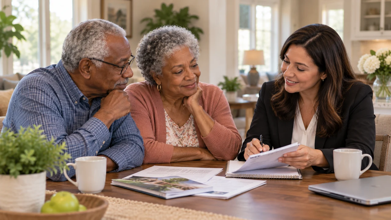 Older couple speaking with an adviser while reviewing care information at home