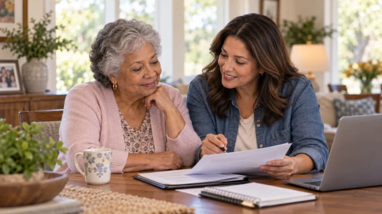 Older woman and her daughter reviewing financial paperwork beside a laptop at home