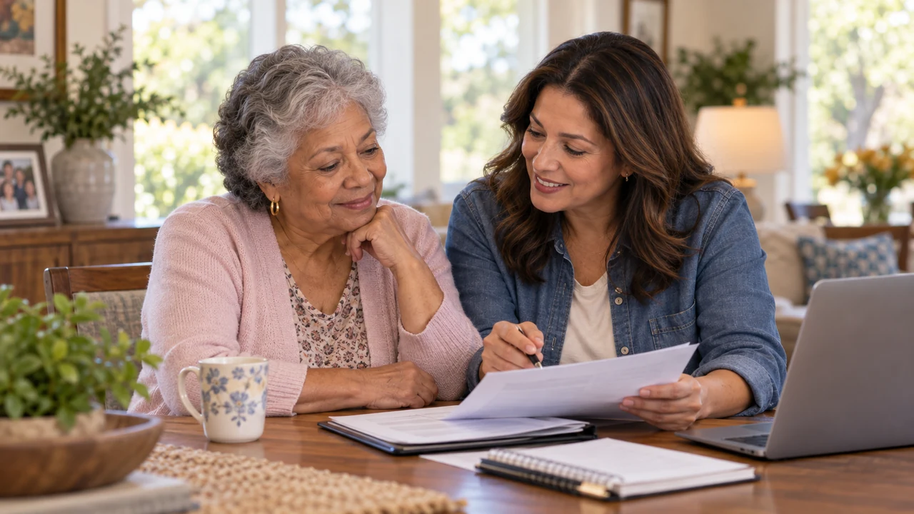 Older woman and her daughter reviewing financial paperwork beside a laptop at home