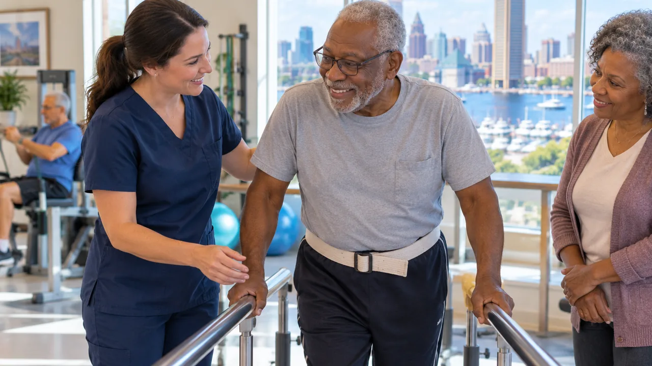 Older adult working with a rehabilitation professional during physical therapy