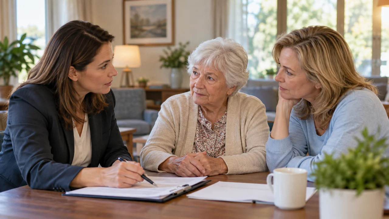 Elderly mother and adult daughter reviewing a care plan with a senior living professional.