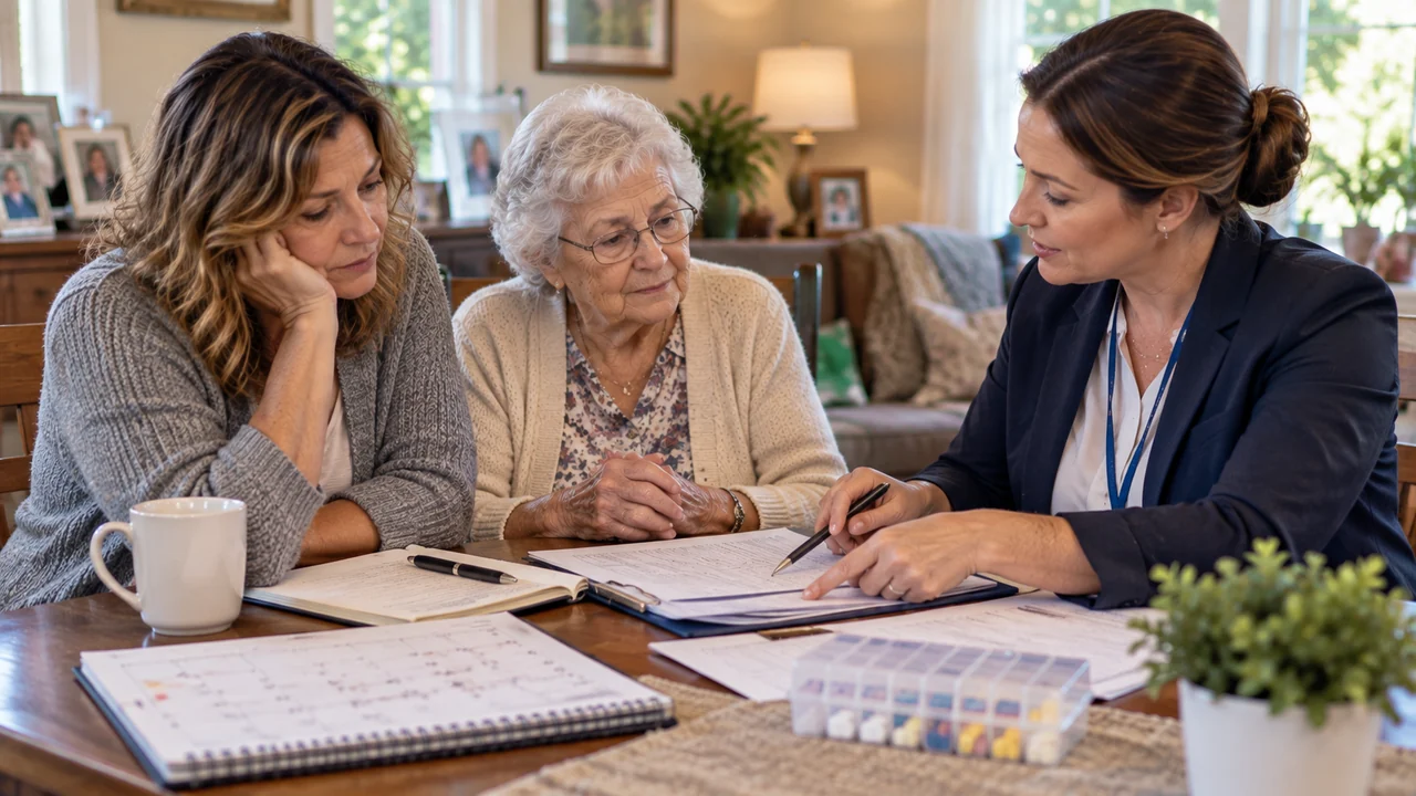 Family caregiver and elderly mother reviewing a care plan with a professional at home.