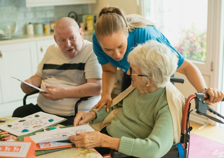 Caregiver spending time with older adults during an activity