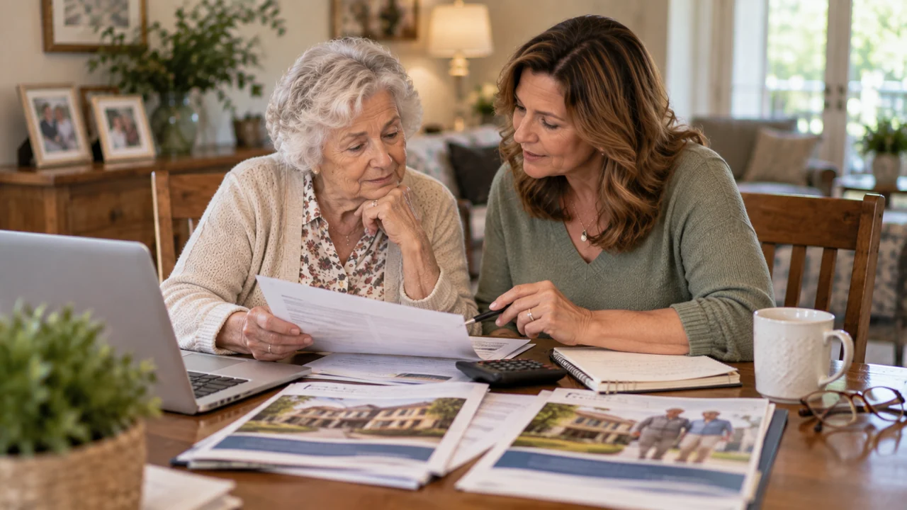 Elderly mother and adult daughter reviewing assisted-living costs and health coverage paperwork.