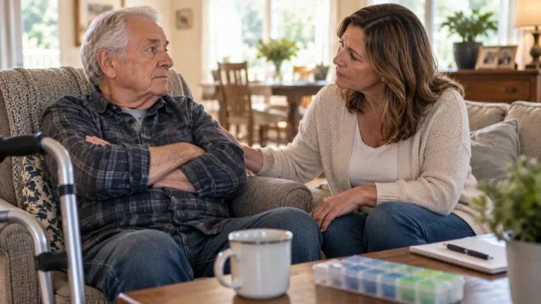 Adult daughter talking with an elderly parent who is reluctant to accept help at home