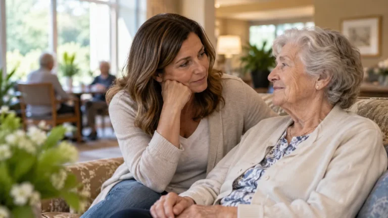 Adult daughter spending time with her mother after a move to senior care