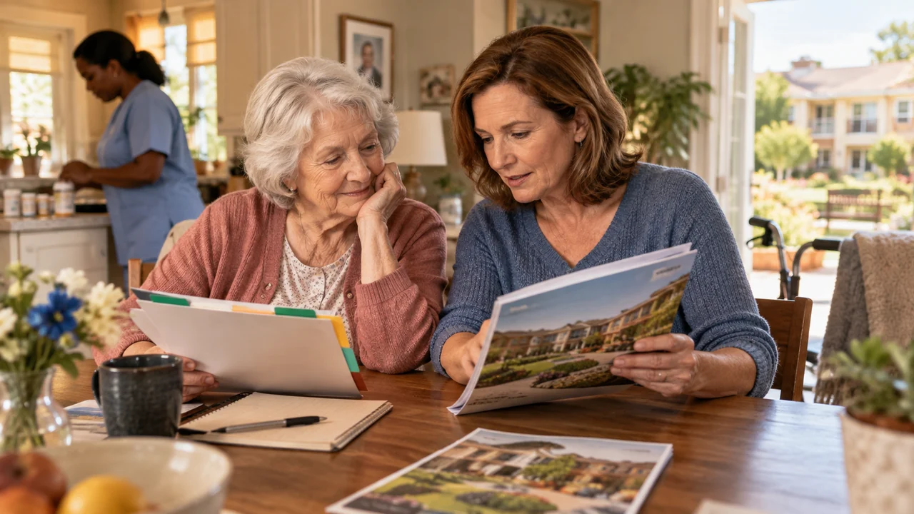 Older mother and adult daughter comparing home-care and assisted-living options at a kitchen table.
