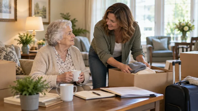 Adult daughter helping her elderly mother prepare for a move to assisted living.