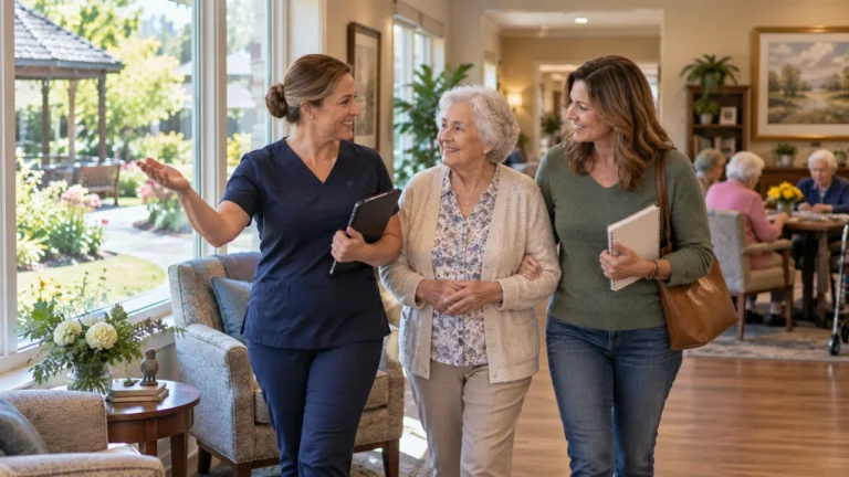 Adult daughter and elderly mother touring a memory-care community with a caregiver.