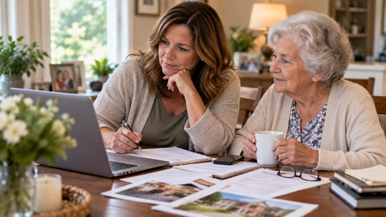 Adult daughter and elderly mother reviewing nursing home options together at a table