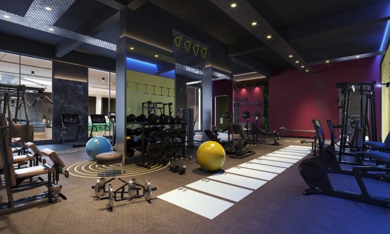 Empty exercise and rehabilitation room with neatly arranged equipment.