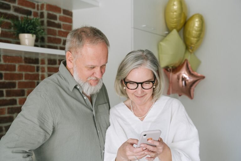 Older couple participating in a video call from home.