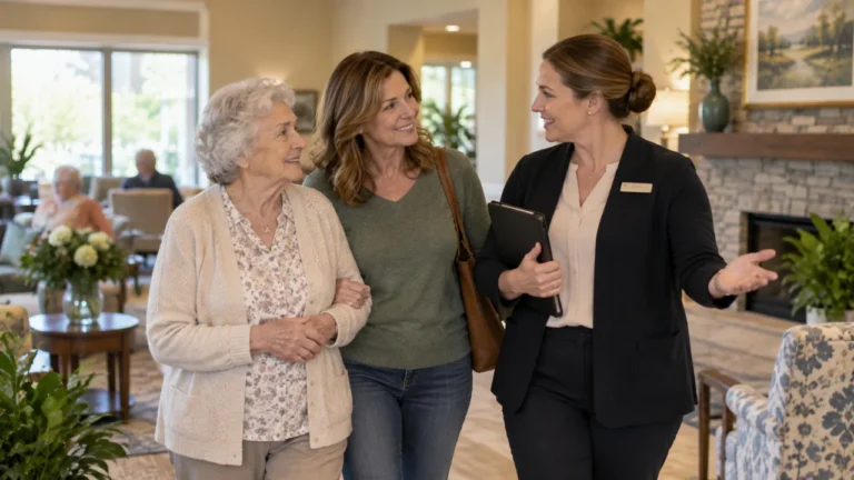 Older woman and adult daughter touring a senior living community with a staff member