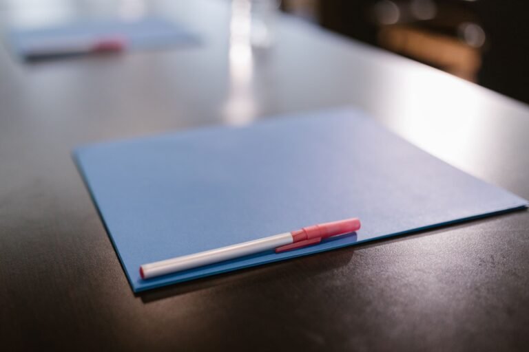 Closed blue document folder and pen on an office table