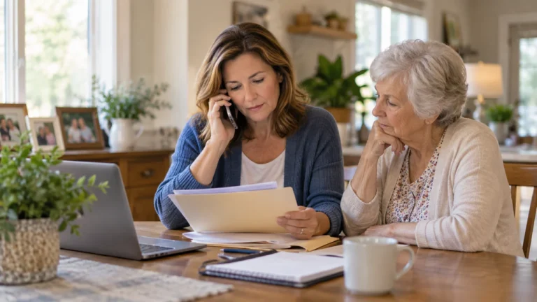 Adult daughter calling nursing homes while reviewing care paperwork with her elderly mother at home.