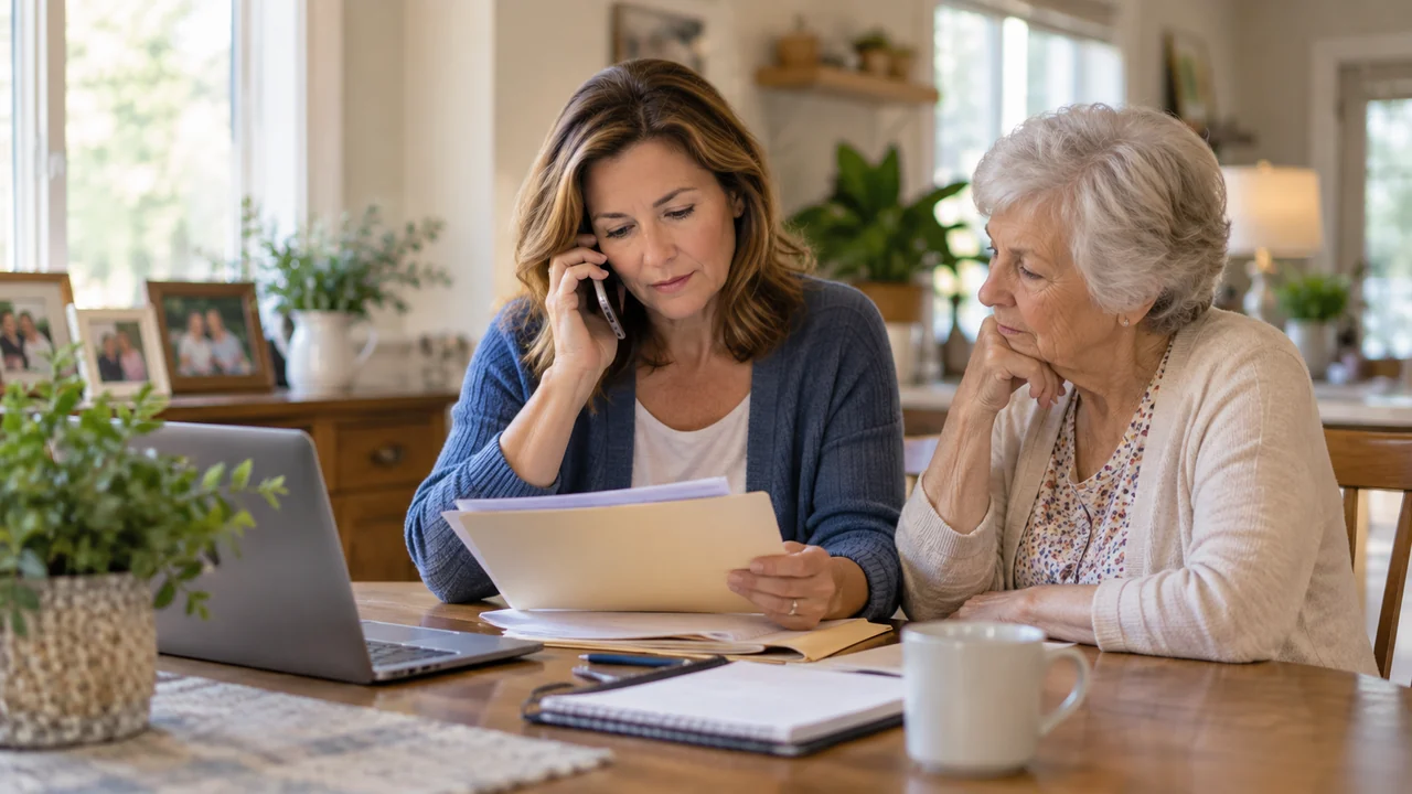 Adult daughter calling nursing homes while reviewing care paperwork with her elderly mother at home.