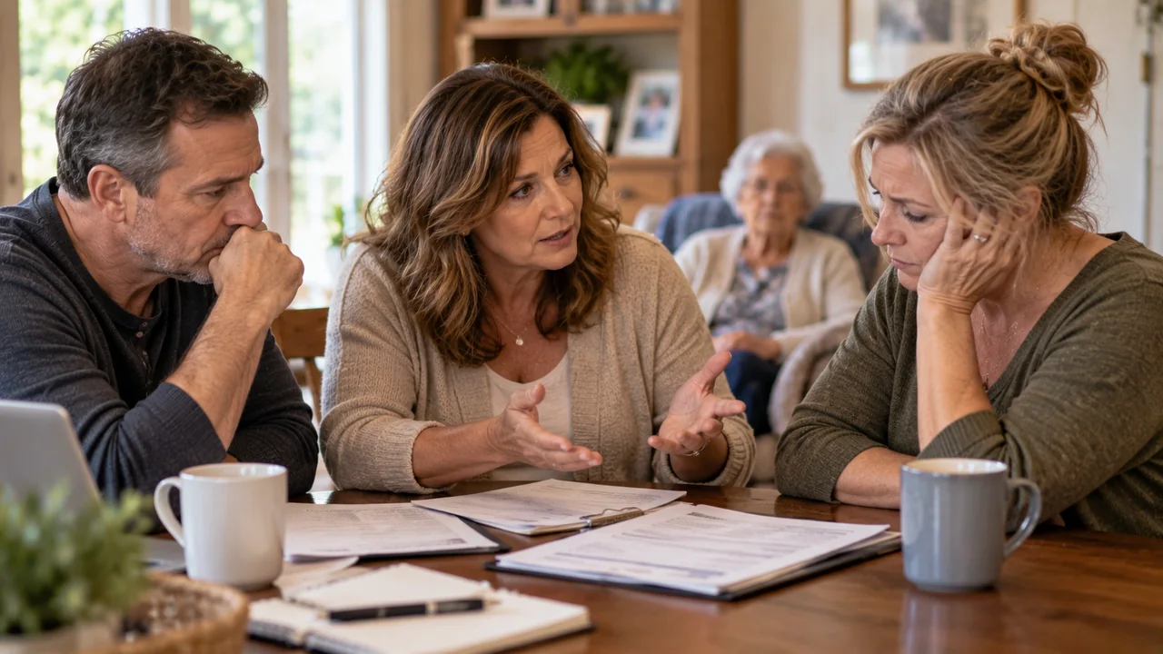 Adult siblings discussing care options for their elderly mother during a family meeting