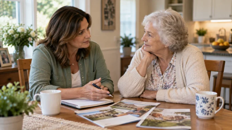 Adult daughter having a calm assisted-living conversation with her elderly mother at home.