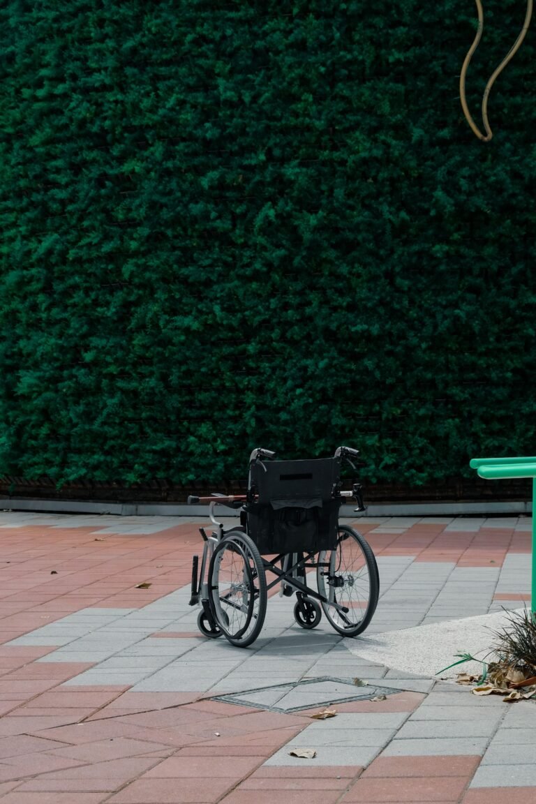 An unoccupied manual wheelchair on a paved outdoor area in front of a green hedge.